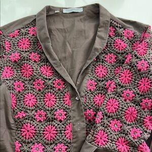 Pink and Brown Embroidered Women's Top